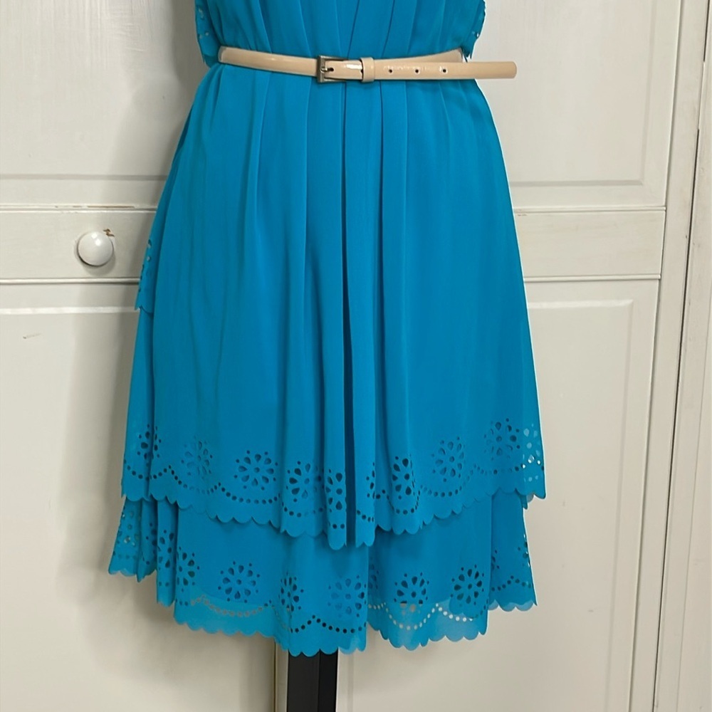 Jessica Simpson Women’s Turquoise Belted Chiffon Eyelet Layered Dress Sz 10 - Picture 3 of 13
